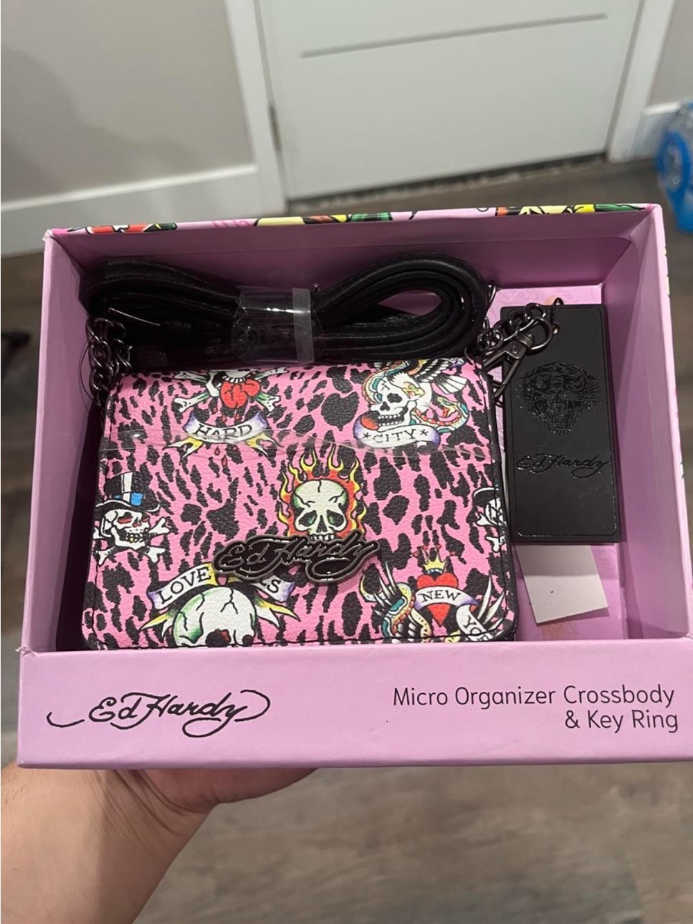 Ed Hardy Pink Skull & Tattoo Print Micro Organizer Crossbody